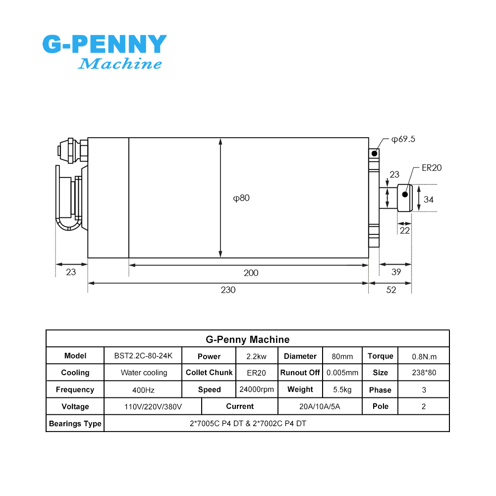 G-Penny 2.2kw ER20 수냉식 스핀들 키트  - 2.2Kw Water Cooled Spindle Kit Vfd 리뷰 및 가격