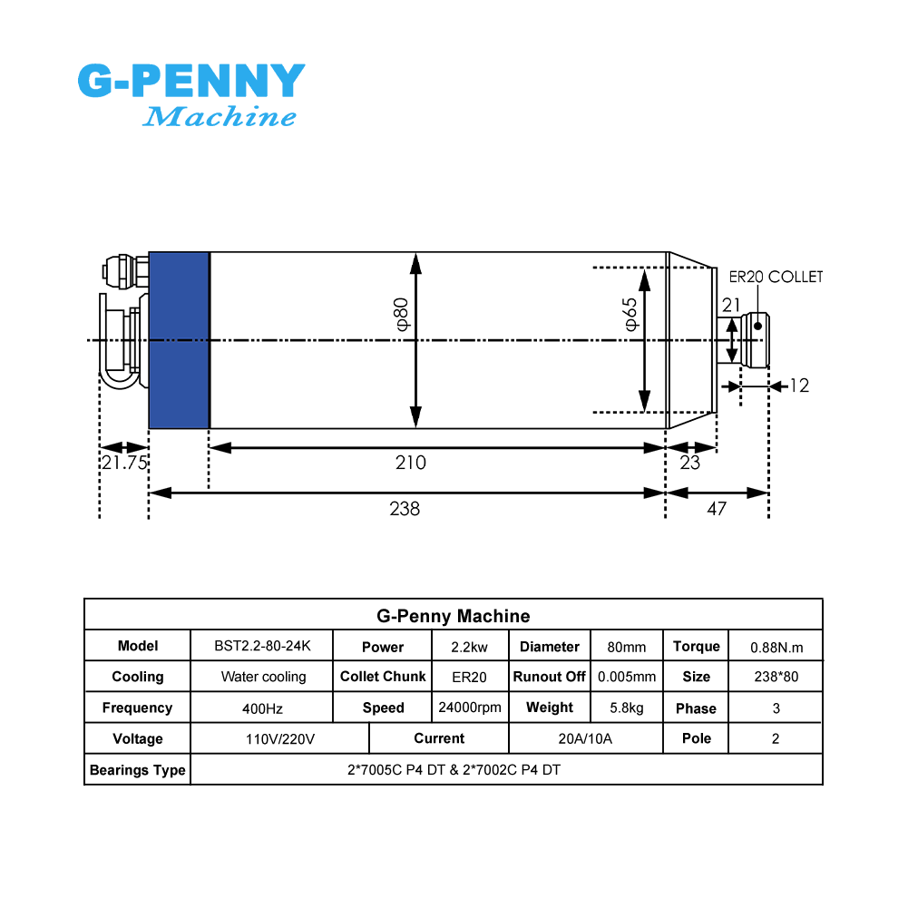 G-Penny 2.2KW ER20 불릿 수냉식 CNC  - 2.2Kw Water Cooled Spindle Kit Vfd 리뷰 및 가격